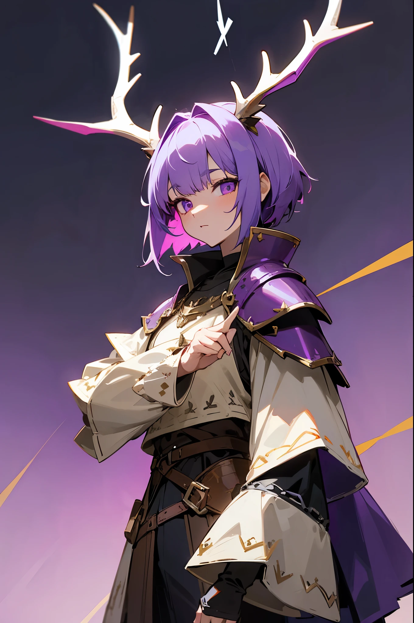 Knight Jackalope, Short purple hair, jackalope antlers, Dark Armor(masterpiece, best quality)