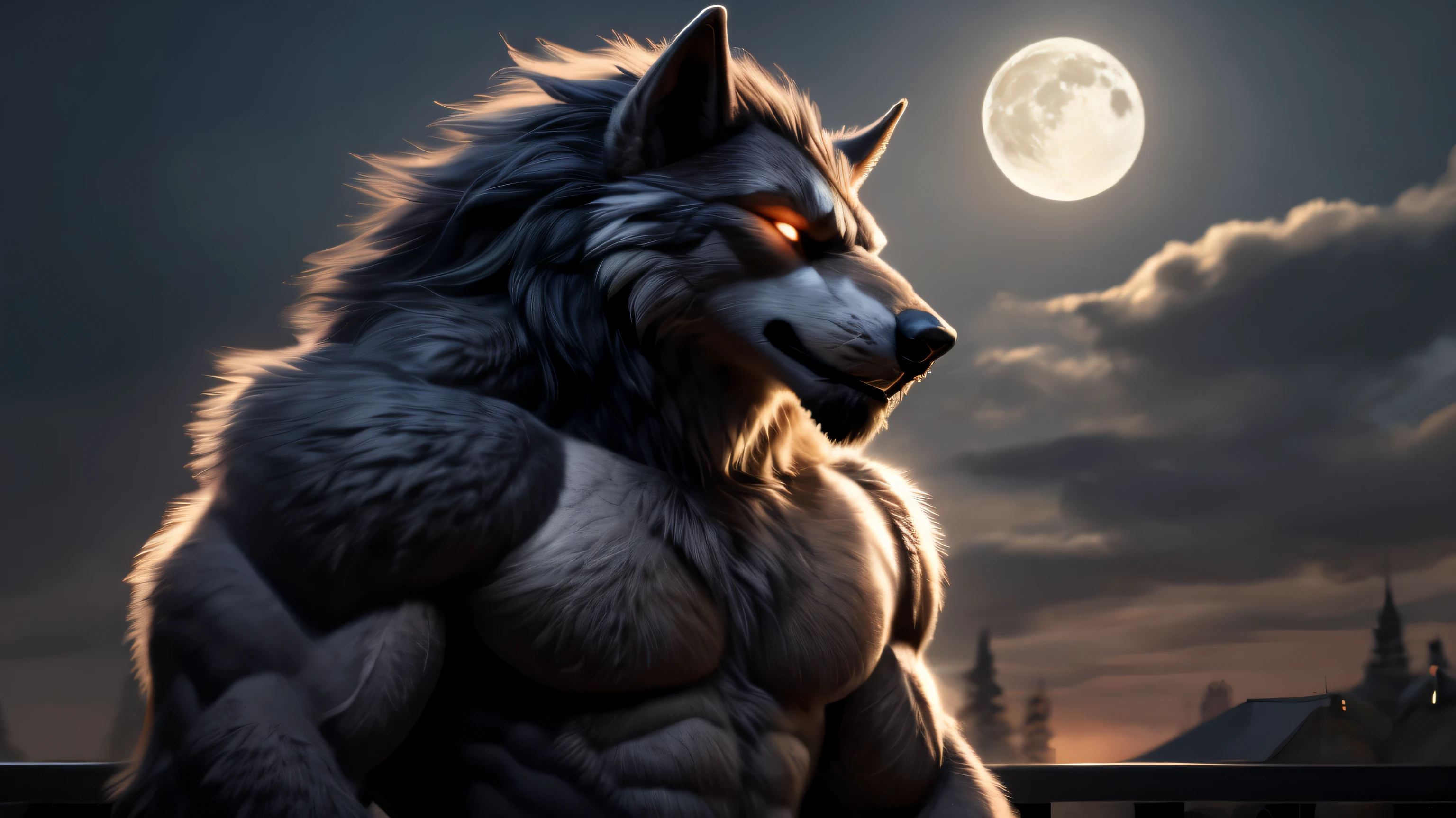 Werewolf male, The body is covered with fluffy fur, , Muscular big breasts, Absolute value of volume, sky, Sensual, detailed, Upload to e621, beautiful and detailed portrait of an anthropomorphic grey werewolf (((male))) minus, Rostran, ruan jia, Upload to e621, Zaush, Fossv, movie lighting, Moon Lamp, glowing eyes, gray fur, long dark mane