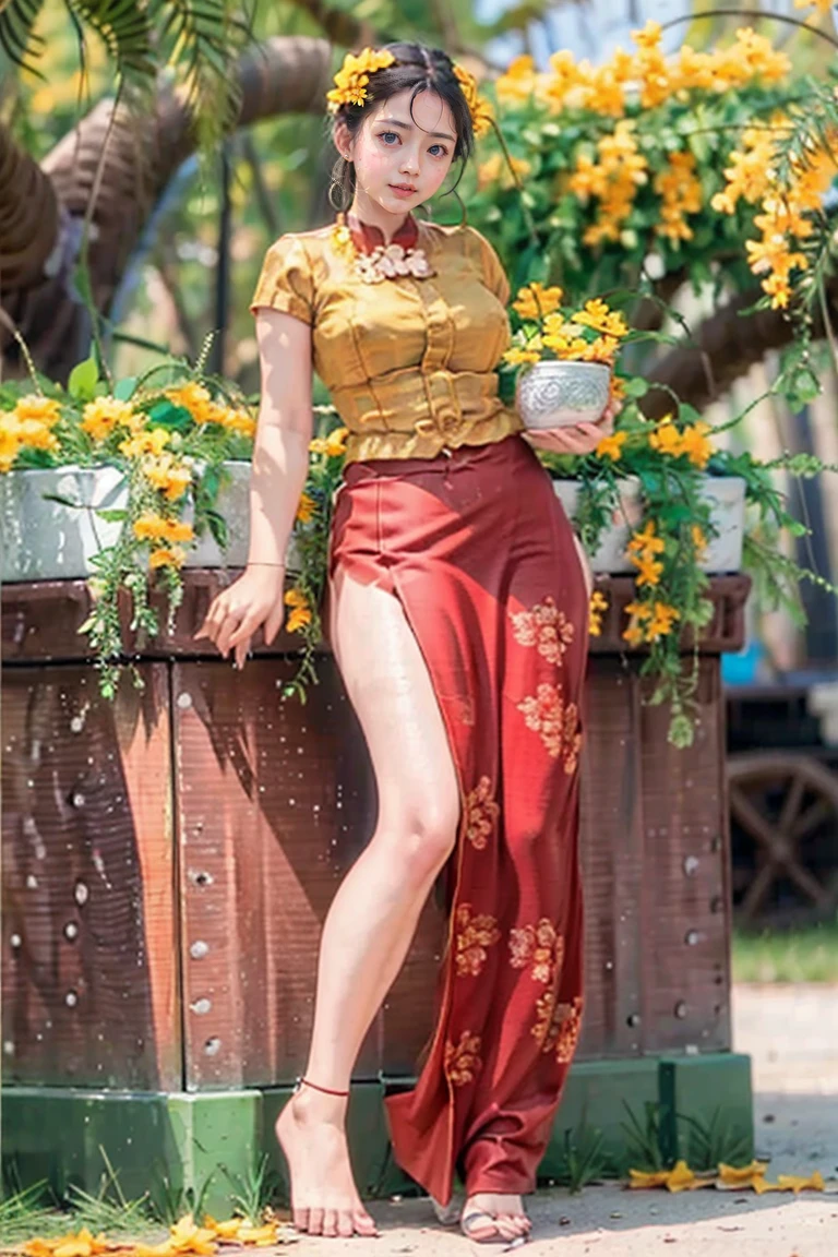 Burma's long-lasting body is full of sensuality, and the beauty of the body outline is too revealing. The long skirt she wears highlights her high hips. The beauty under the dress is so beautiful that the eye can see. She wears bright yellow flowers, smiles and water.