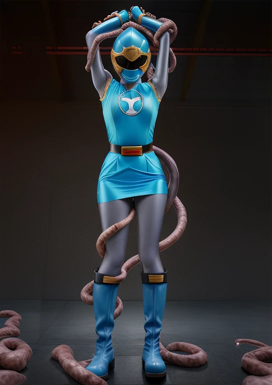 (best quality, masterpiece, RAW photo,ultra-detailed:1.2), 1girl, solo, looking at viewer, ((Hurricane Blue outfit, belt, gloves, helmet, blue spandex vest, blue boots, blue skirt, gray leggings, white gloves)), very large massive breasts, (((spread legs:1.1))), ((tentacles:1)), tentacle on crotch, nsfw, raised arms, tentacles wrap around body, dark room, eerie light, close up, industrial background, upper half body, creampie, wet