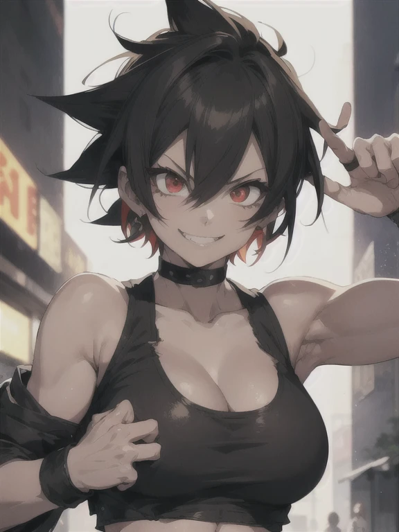 Anime girls, Saiyan woman, white short hair, red eyes, black brown skin, black tank top, ripped jacket, white jeans, scary face yet gentle, kick pose, smiling, tough body, fighter woman body, scary adorable face.