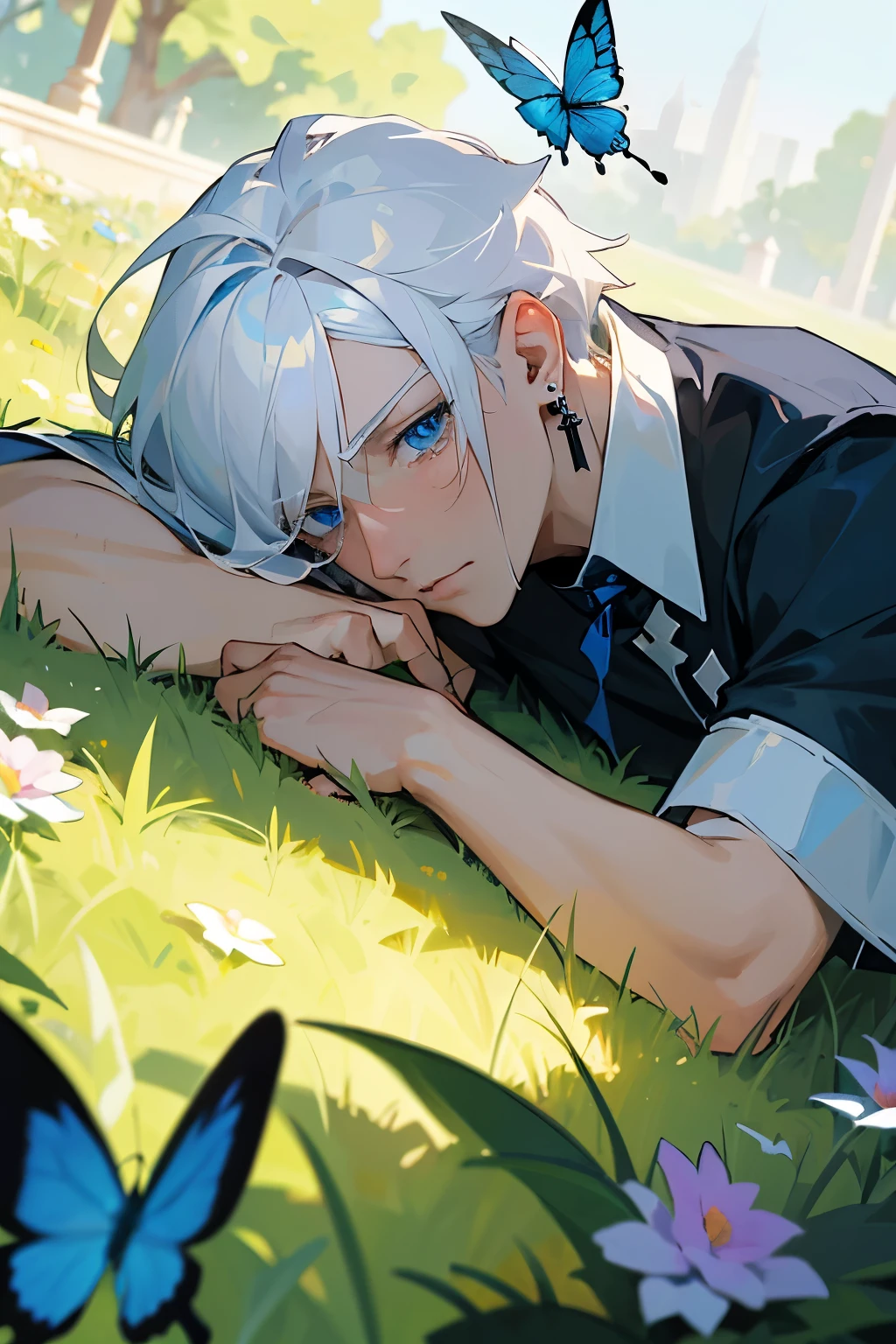 Excellent, masterpiece, white hair, blue eyes, hair, fair skin, man face with sharp angles in the garden park male bust shot lying on his side on the park grass with tears on his face a blue butterfly on his nose, clear despair in his eyes, white shirt, he is leaning onto his arm, he has black cross earrings