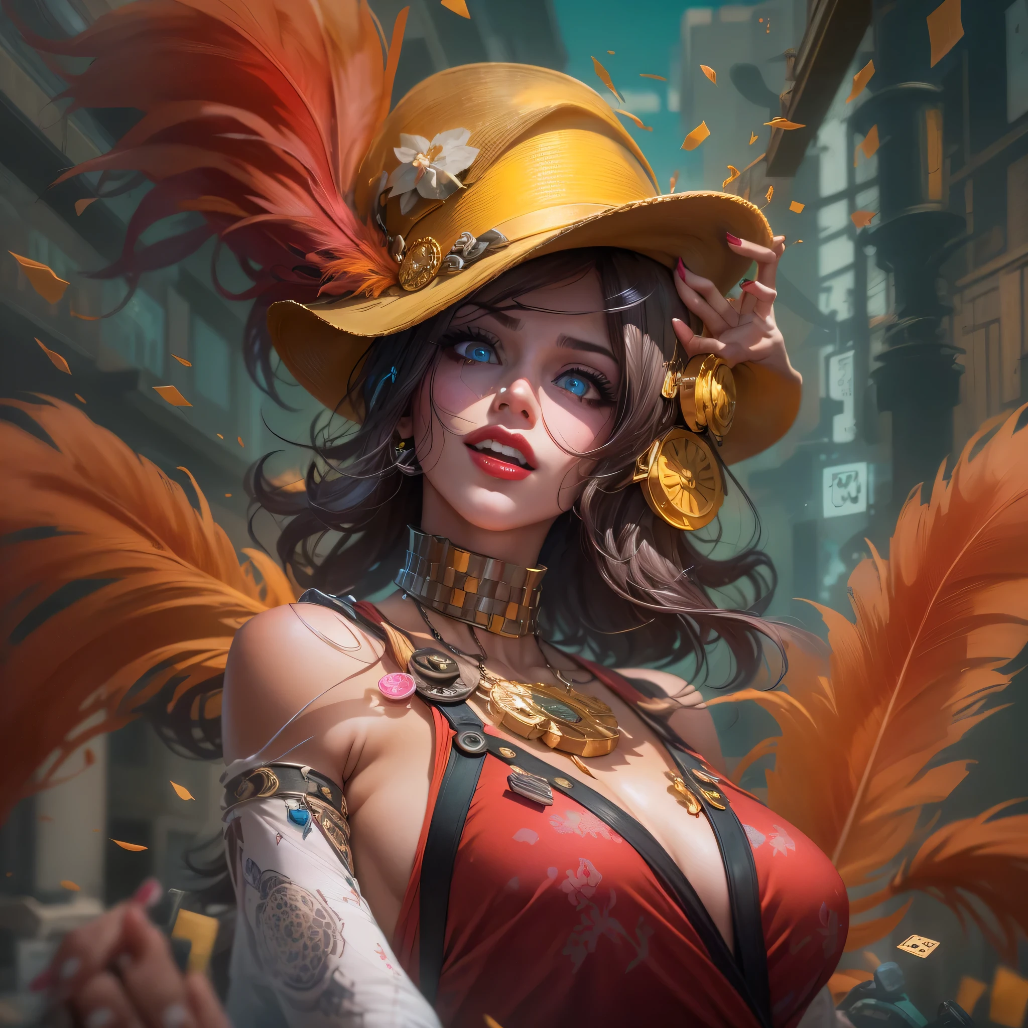 "(papel de parede CG Unit 8k requintadamente detalhado, qualidade de obra-prima com realismo impressionante), (better lighting, melhor sombra), (Melhor qualidade), (Estilo elegante:1.2), Arti modern anime. angled view, heroic pose, meio do caminho, (estilo cel-shading:1.3), imagem centralizada, retrato ultra detalhado de Mad Moxxi de Borderlands, posando, (close de rosto:1.6) (corpo todo:1), (foreshortening effect:1) (tetradic colors), inkpunk, (linhas de tinta:1.1), contornos fortes, arte de MSchiffer, bold dashes, sem moldura, alto contraste, (cel-shaded:1.1), Vetor, 32k resolution, Melhor qualidade, cores planas, flat luzes full zoom, action portrait, Fotorrealista. cinematic lighting, altamente detalhado. Melhor qualidade, 4K, (Best hand:1),anatomia perfeita, inclinando-se para frente, foreshortening effects, shy and glamorous expression, foreshortening effect, (Olhos penetrantes:1), cercado por uma atmosfera sinistra e sombria, accentuated by dramatic and striking lighting, imbued with a sense of surreal fantasy". (maduro:0.5) (sentado em uma pilha de moedas de ouro:1.2) Cores Vibrantes, (small mini red velvet top tem with a blue and yellow feather:1.3), (white face inventar with pink cheek inventar:1.3) (moedas de ouro e tesouro:1) (moedas de ouro espalhadas:1) (sensual and expression:1) (botas brancas de salto alto:1.2) (elegantemente cruzando as pernas sentado:1) (espartilho vermelho:1) (em um cassino:1.5) (sorridente:1) tatuagem, arma, inventar, tem, card, tatuagem, batom, cinto, brincos, fingerless luvas, luzes, luvas, pistola, Red lips, top tem, coldre, coxas, Sozinho, collant, listrado, Ombros nus, grandes, pulseira, spikes, olhando para o espectador, blurry, colarinho, spiked colarinho, heart, fishnet stocking, verruga, decote, dancer's skirt, swept franja, thigh strap, strapless, playing card, heart tatuagem, dentro de casa, cabelo preto, neon luzes, penas, handpistola, strapless co