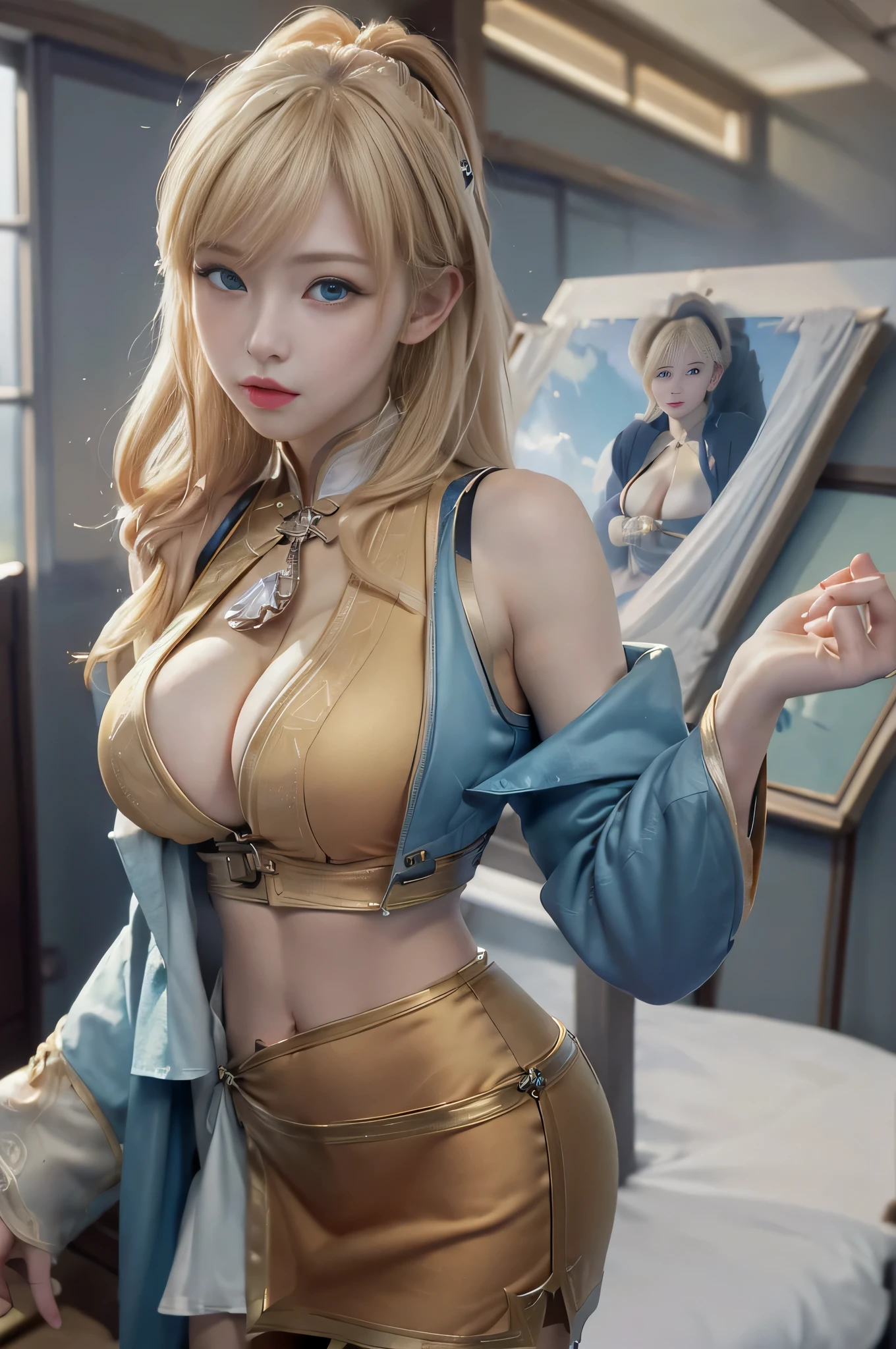 (Masterpiece, Best Quality, Big Breasts, Realism, Real, Photo: 1.4), Ji Xiaoman, Blonde, (Ulzzang-6500-V1.1:0.7), Very cute face, blue eyes, upper body, Big breasts, Real, photo