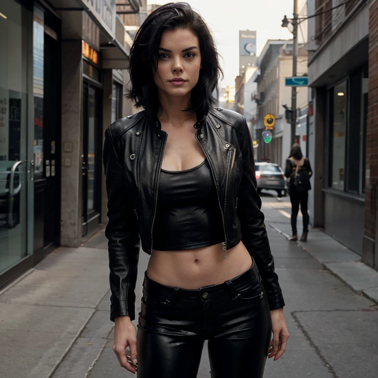 Woman, Middle Aged, Defiant Look, Black Hair, Black Tight Leather Clothing, Apocalyptic Background, Epic, Realistic, Neon