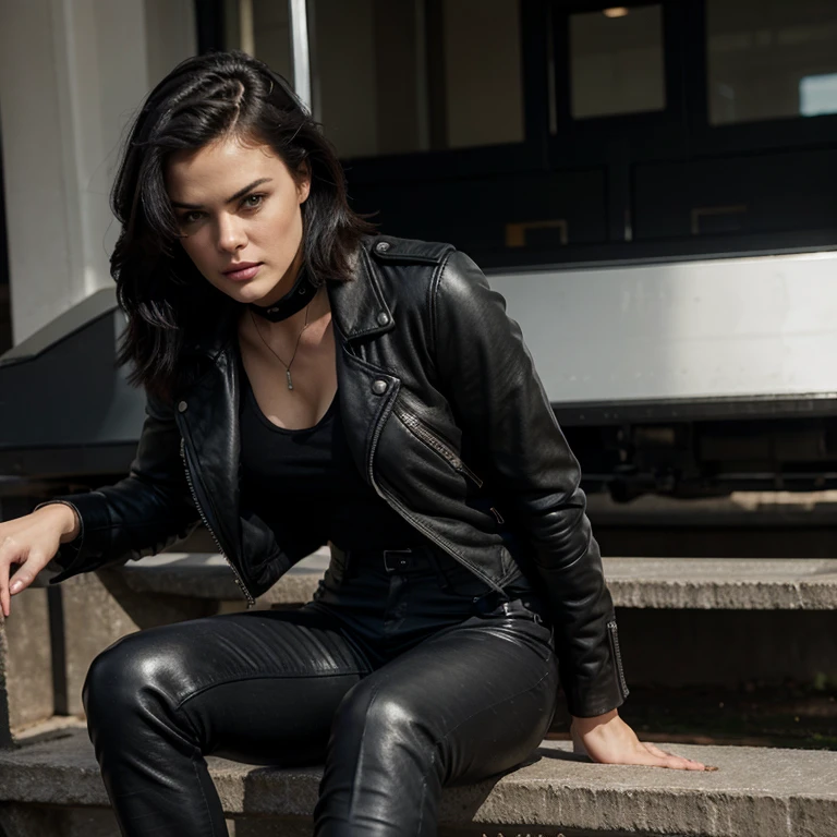 Jaimie Alexander dressed in a leather jacket and black pants