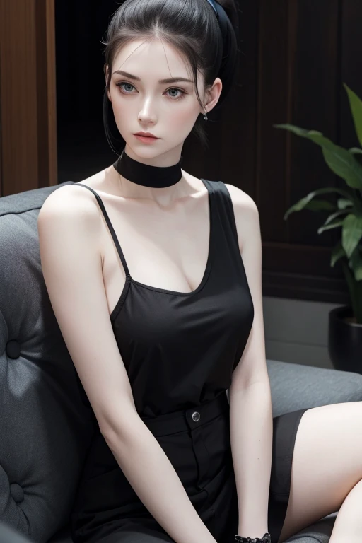 woman, pale skin, black Ponytail hair, sitting down while look suspicious