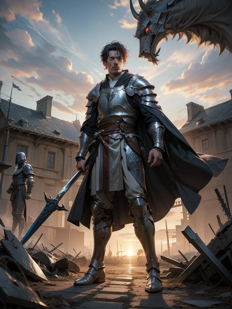 Medieval Europe，Male Knight,, Burly man, full body armors, Batik long shirt, white robe,  village，Use a dagger, heroic, battlefield , dramatic sunset, smokes, Battle Siege, full body view，stand up