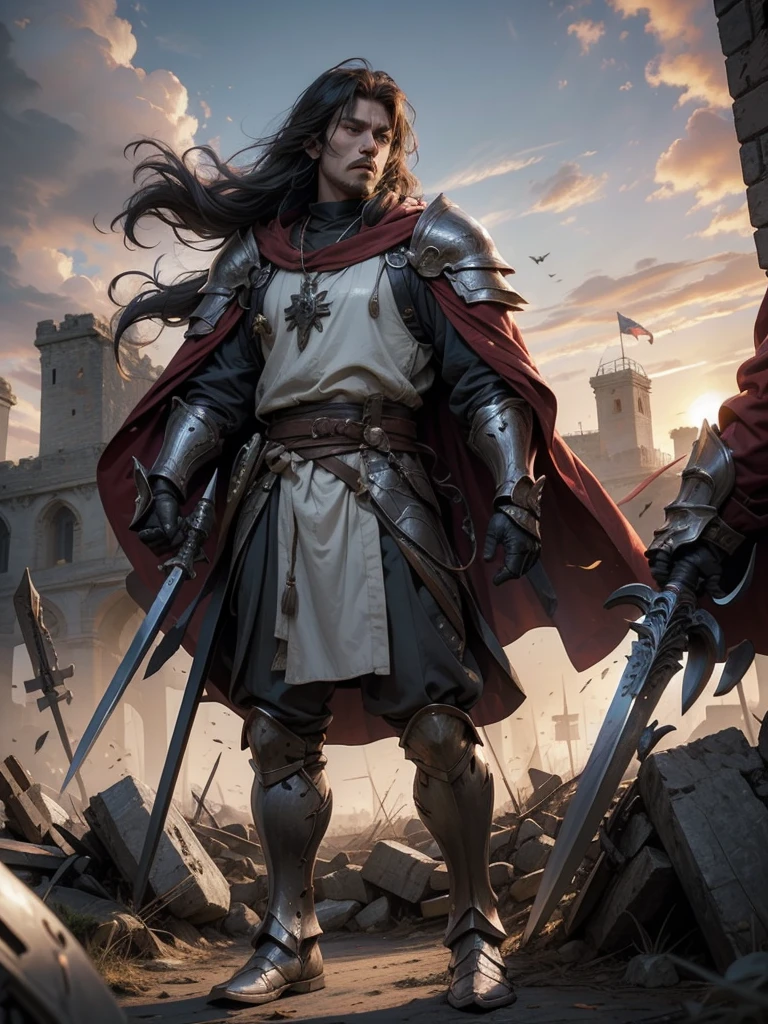 Medieval Europe,Male Knight,, Burly man, full body armors, Batik long shirt, white robe, village,Use a dagger, heroic, battlefield , dramatic sunset, smokes, Battle Siege, full body view,stand up