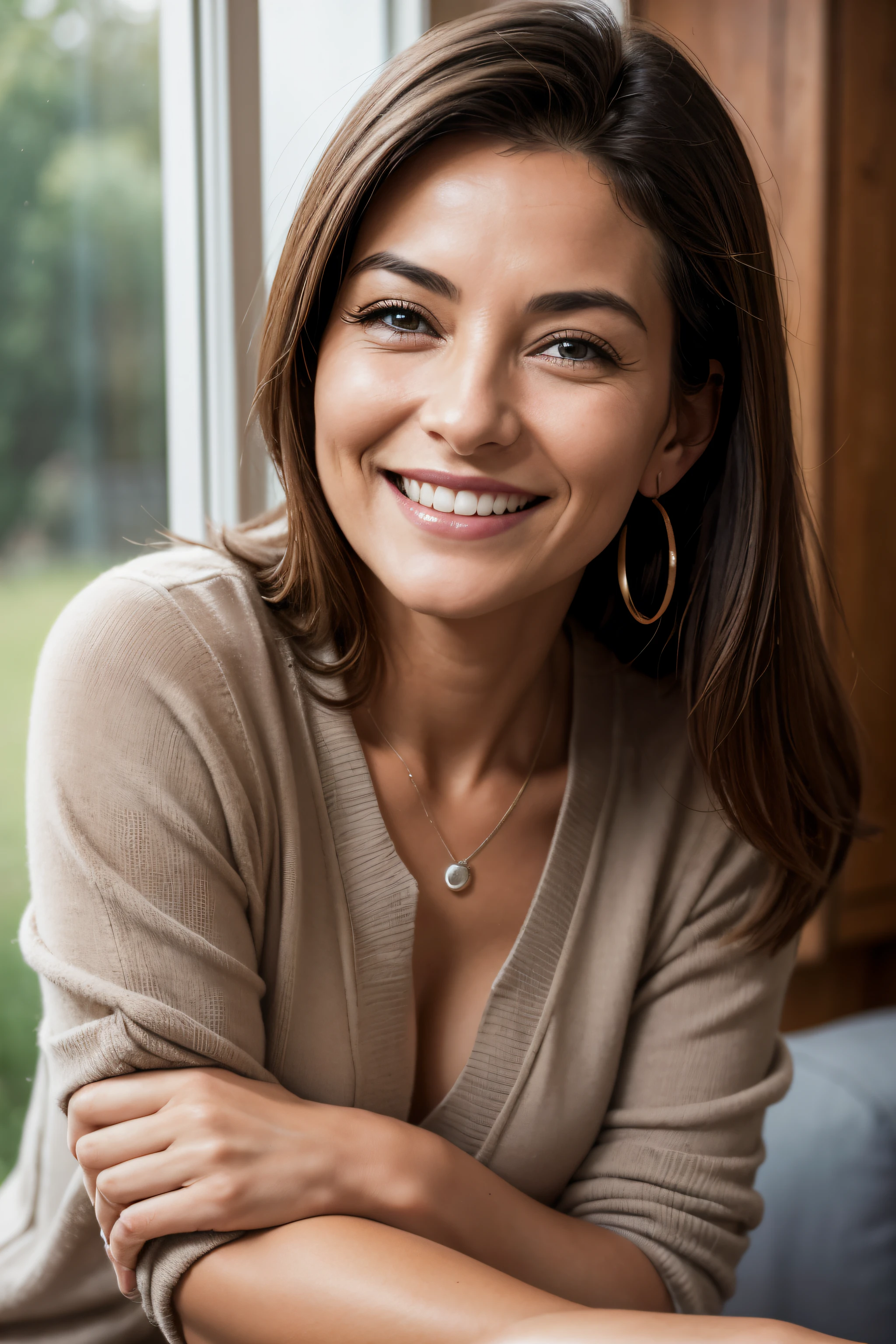 foto natural, retrato de mulher com cerca de 40 anos ou mais, Sorriso, ultrarealistic
