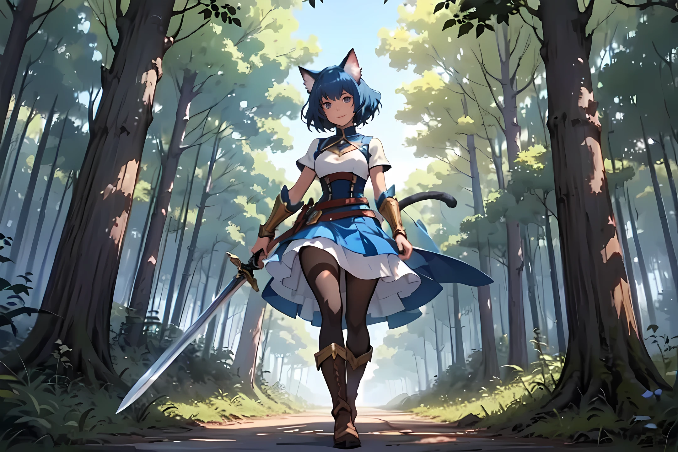 Anime, miria, cat ears, (cat tail), flying through the sky, golden leotard armor, In Battle, Chaos, holding sword in hand, masterpiece ,pantyhose, boots,magicalgirl body suit, large skirt, smile, long skirt,standing, forest, blue hair