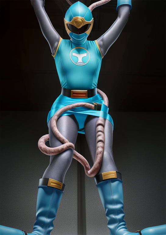 (best quality, masterpiece, RAW photo,ultra-detailed:1.2), 1girl, solo, looking at viewer, ((Hurricane Blue outfit, belt, gloves, helmet, blue spandex vest, blue boots, blue skirt, gray leggings, white gloves)), very large massive breasts, (((spread legs:1.1))), ((tentacles:1)), tentacle on crotch, nsfw, raised arms, tentacles wrap around body, dark room, eerie light, close up, industrial background, upper half body, creampie, wet