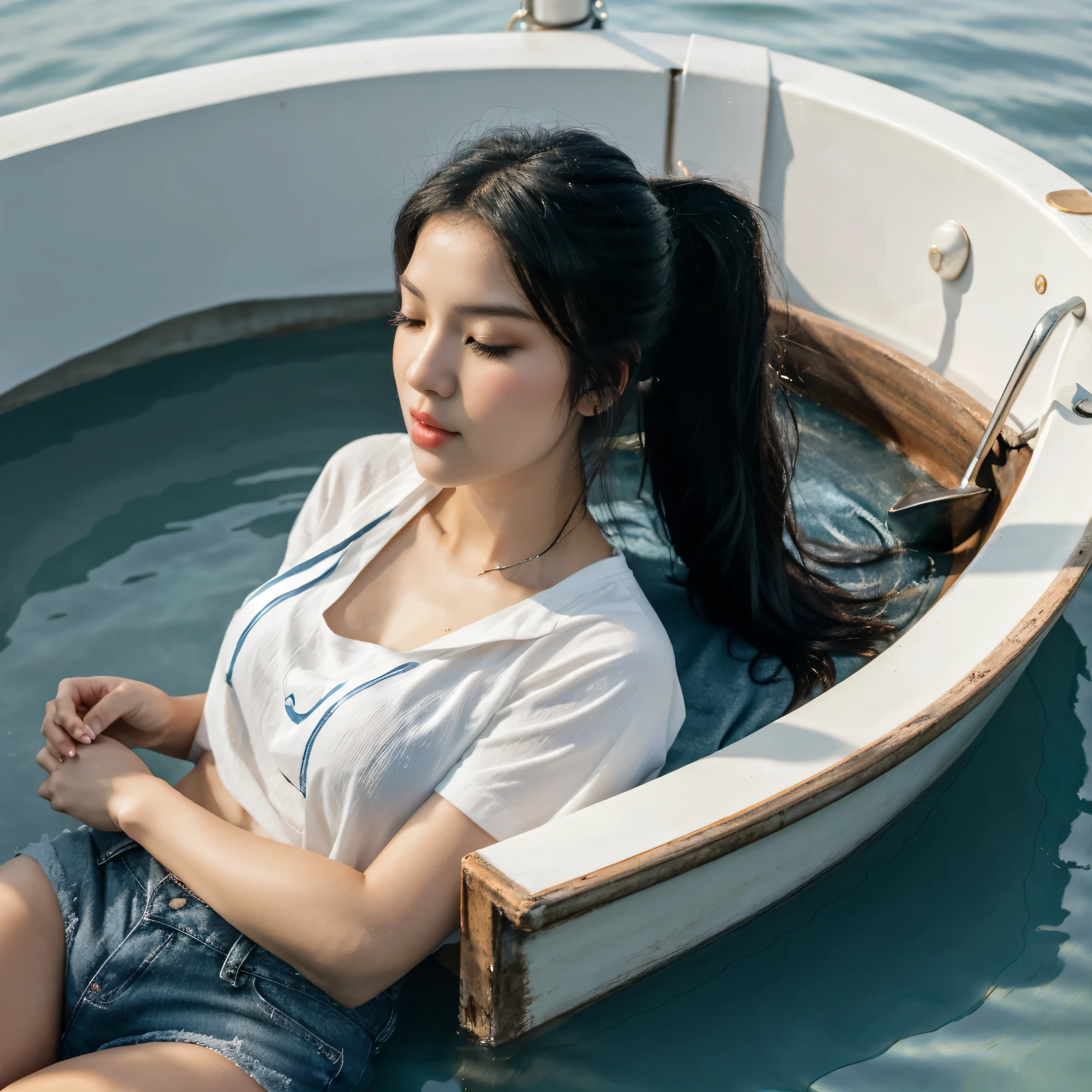 Nhez V Nims Super realistic, close-up, right in the center, balanced from left to right, a small boat floats in the middle of the blue water, stirring up ripples. A beautiful Asian woman long black hair with ponytail,wearing black oversized t-shirt Adidas, denim shorts, looked up at the sky and lay in the boat, next to a sleeping white Persian cat..3D photo realistic clean and clear