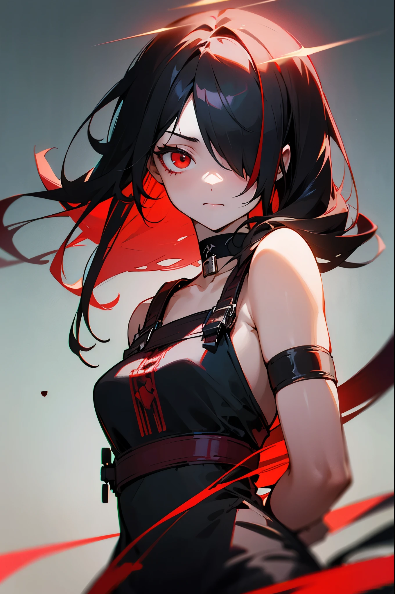 best quality, intricate details, chromatic aberration, 1girl, long hair, black hair, messy hair, red highlights, hair over one eye, red eyes, sharp eyes, choker,, , armbinder, arms behind back, bound arms,

