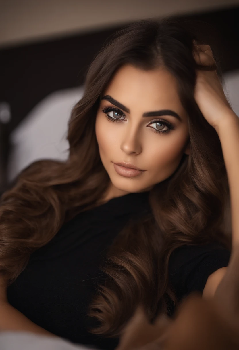 mujer morena completamente , chica sexy con ojos marrones, ultra realista, meticulosamente detallado, brown hair and big eyes, selfie de una mujer joven, Eyes of Dubai, violeta myers, sin maquillaje, maquillaje natural, looking directly at the camera, cara con artgram, maquillaje sutil, Impresionante foto de cuerpo completo arrodillado en la cama., en el dormitorio, medium to large bust size, escote visible