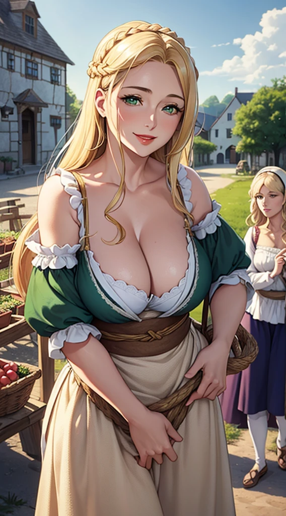 (hyper realstic)、Germanic mature woman. Ancient Farmer Woman、Women's Agriculture、(Wearing flesh-colored fabrics)、
immensity　Beautie　high-level image quality　hight resolution　Realistic、a blond、blond woman in a、A MILF、Middle-aged woman、detailed skin textures、超A high resolution、Wearing flesh-colored fabrics、Realistic、Voluptuous body shape、A smile、Middle-aged beauty、Beautiful expression、Detailed green eyes、long fluffy hair、A smile、Very delicate and detailed skin texture、45 Ancient Peasant Women、((Being in the village square))、Women's Agriculture, cleavage、Large open neckline、big red lips、(Wearing flesh-colored fabrics)、