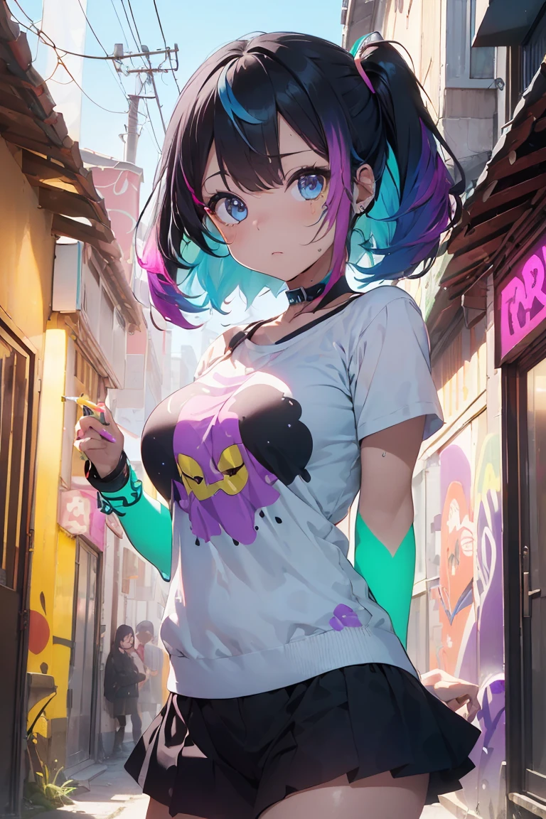 ((Adult costumes)), Black cat, ((Round eyes)), Blue Ribbon, Anime Girls , Latest Trend Fashion, (Big Breasts:1.3), ((Excellent:1.3, Perfect Eyes ,Beautiful and detailed, レインボーは超Get used to itなディープレッドターコイズの目を輝かせます:1.1, Gradient Eye:1, Beautiful Get used to it eyes:1, Symmetrical eyes:1, Big Eye Highlights:1.2)), Grin, blush, In a psychedelic room, ((((White skin: 1.5, White skin, Very bright body)))), Visual Tranceのイラスト, Visual Trance, psychedelic art style, Neon Color Theme, (((masterpiece))), (Complex), 8k, highest quality, (Visual Strength: 1.5),
(((liquid paint hair:1.1))) ,(((Neon black hair | Neon pink hair | Neon blue hair | Neon Aqua Hair | Purple Hair | Fuchsia colored hair | Fluorescent blue hair | Amethyst Hair | Neon Hair | Bright pink hair :1.5))), ((I drew、Defying Gravity,A thick current),(Paint splashes:1.3), (Shiny Hair: 1.3), (Bright colors), Dynamic pose, Embarrassing,in the center,Scale to fit,Three-part method, Liquid Coating Stop,
Colorful background, The rest of the colorful theme, Splash paint play, Beautiful light, Colorful light particles,High contrast in clothing, Color Splash, Color Drawing Wall, Complex Get used to it, Exposure Blending, High resolution, (Graffiti art),more_Get used to it:0.5,