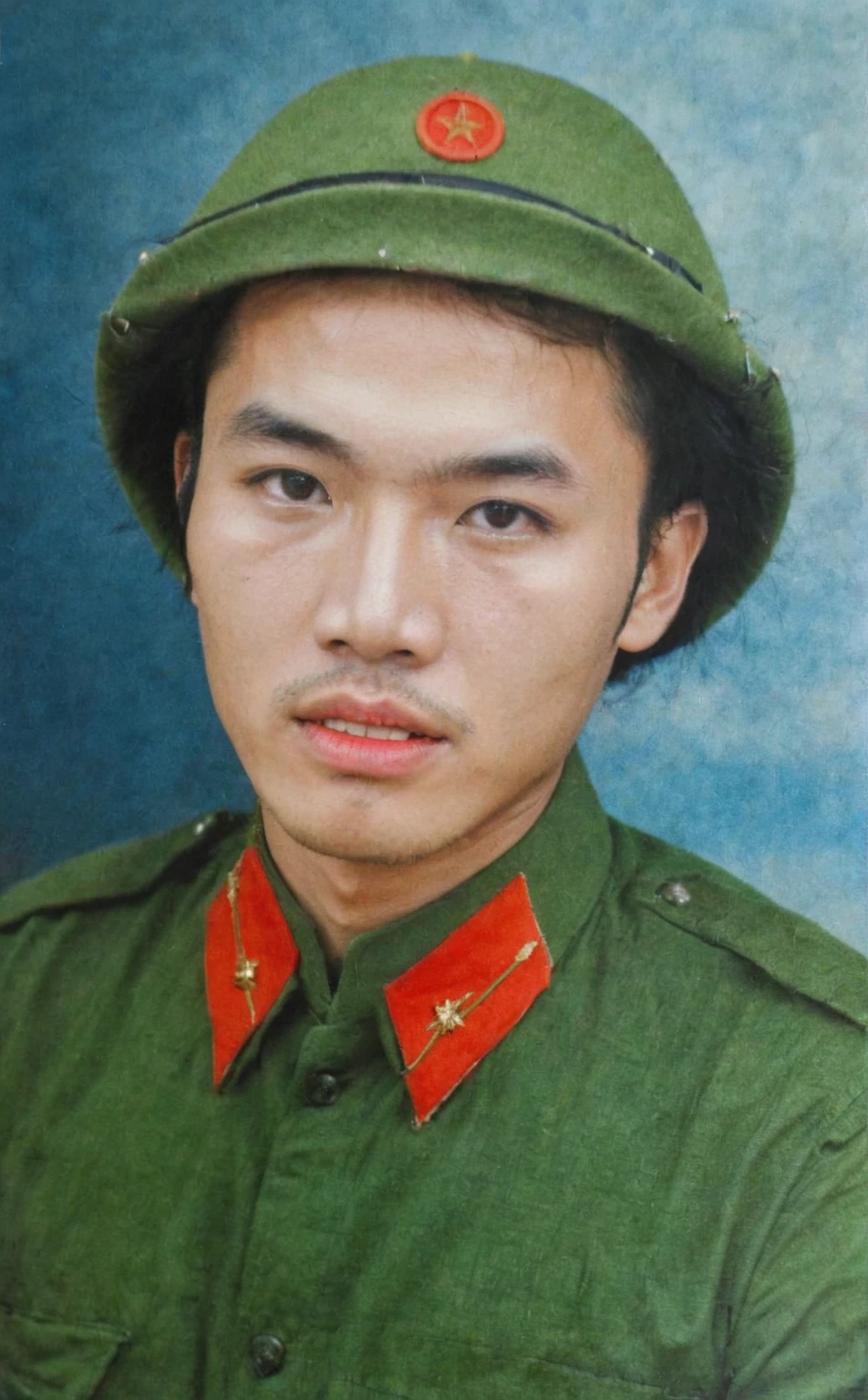 Raw photo,Masterpiece, high quality, best quality, authentic, super detail, pictue color, black hair, Vietnamese men, beautiful men, Vietnamese soldiers, soldiers, blue shirts, green hats, portrait photos in the 1980s, 1980s, black eyes, sharp eyebrows, smooth, pink skin, clear hair, realistic image,