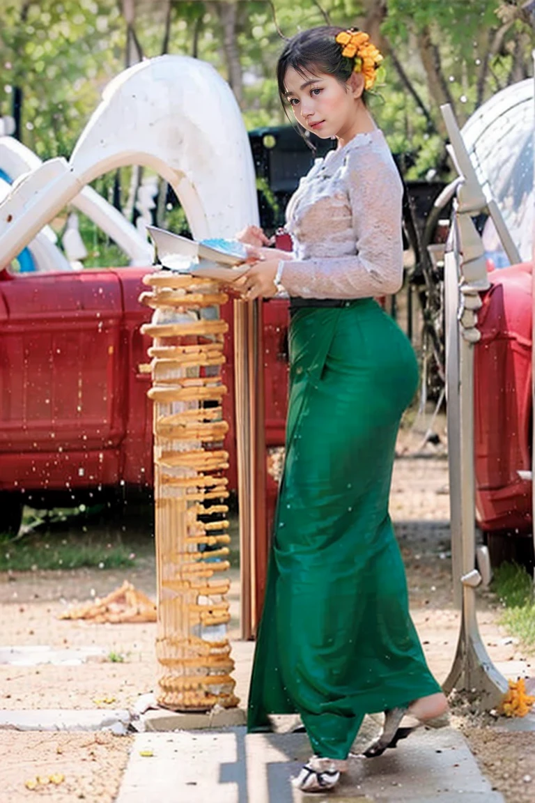 Burma's long-lasting body is full of sensuality, and the beauty of the body outline is too revealing. The long skirt she wears highlights her high hips. The beauty under the dress is so beautiful that the eye can see. She wears bright yellow flowers, smiles and water.