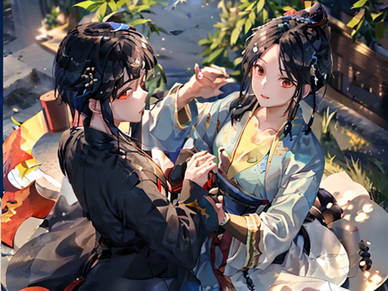 Command one dragon,A young and intelligent boy and a young-looking girl,black hair,Deification,Blue sky,beads of light,Japanese clothing,beautiful,shine