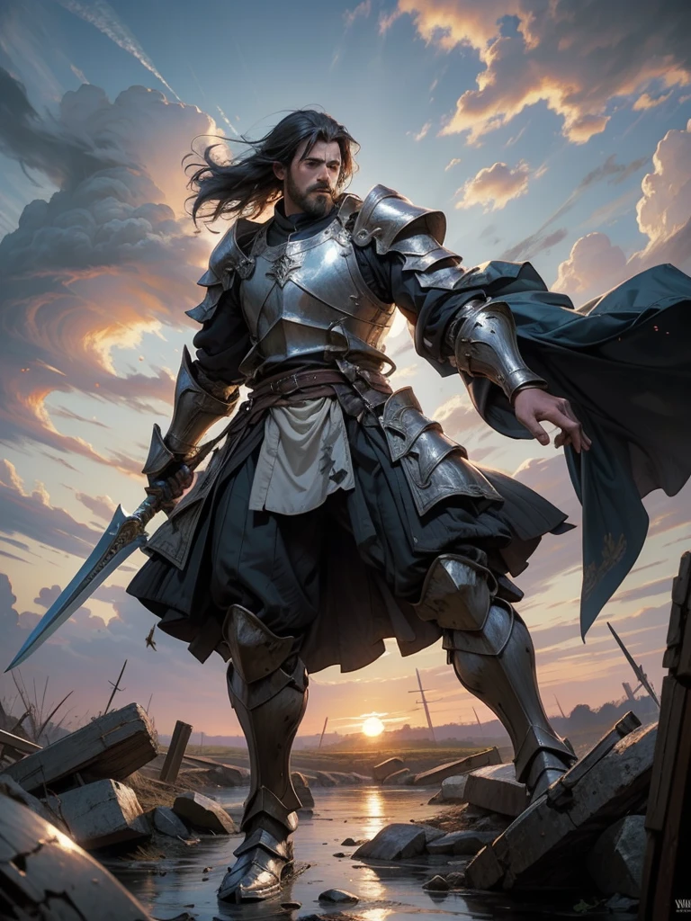 Medieval Europe,Male Knight,, Burly man, full body armors, Batik long shirt, white robe, village,Use a dagger, heroic, battlefield , dramatic sunset, smokes, Battle Siege, full body view,stand up,dynamic poses,farmer,river