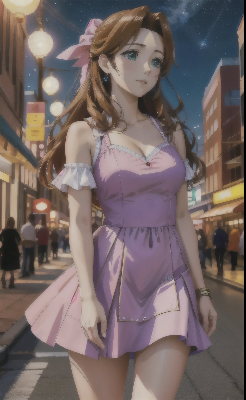 downtown, anime, your name, city at night, starry sky, blue sky, dusk, perfect female figure, Aerith Gainsborough, pink ribbon, green eyes, profile view, looking to the side, shoulder look, hands down, relaxed, shy, happy, comfortable, realism, hyperrealism, multiple views, perspective, accurate, masterpiece, highres, UHD, anatomically correct, super detail, best quality, highres, 8k, orange hair