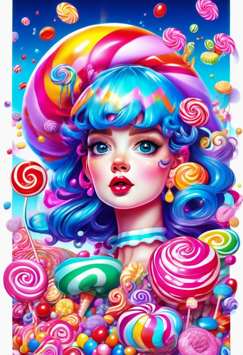 1girl, Candyland, aesthetic, vibrant colors Candyland wonderland gouache swirls detailed Candy art style! Whimsical playful colorful! candy!!! 🍬🍭 Candyland art!! “Hyperrealistic hyperdetailed highly detailed, digital illustration” postmodernism, artstation, poster art, dynamic lighting, cel-shaded, ray tracing reflections