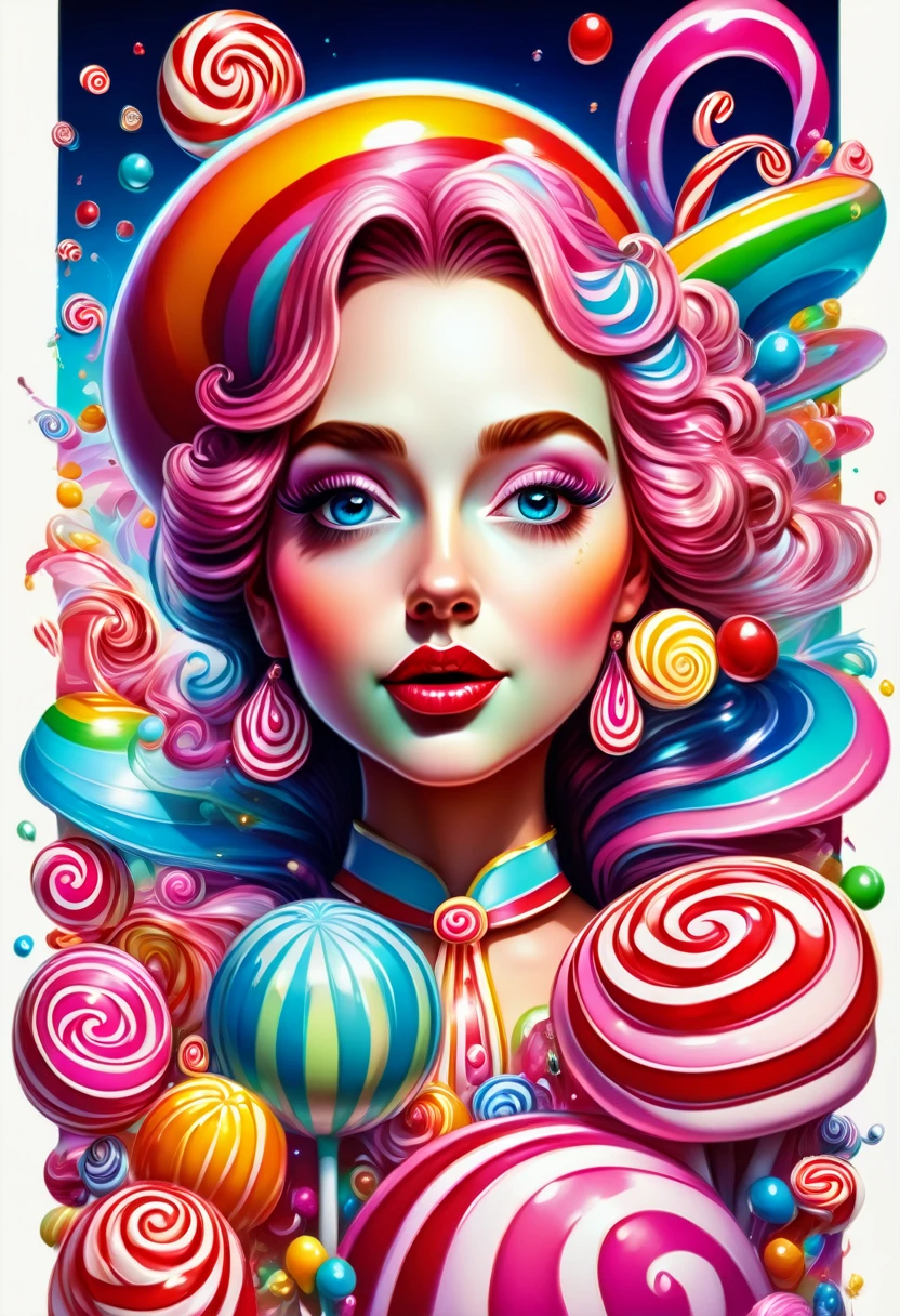 1girl, Candyland, aesthetic, vibrant colors Candyland wonderland gouache swirls detailed Candy art style! Whimsical playful colorful! candy!!! 🍬🍭 Candyland art!! “Hyperrealistic hyperdetailed highly detailed, digital illustration” postmodernism, artstation, poster art, dynamic lighting, cel-shaded, ray tracing reflections