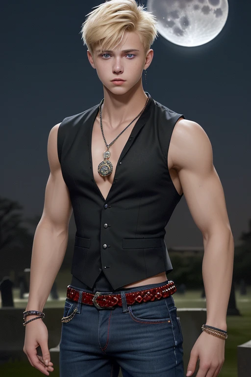 20-year-old boy, short blonde hair, red sleeveless shirt, black open military vest, fire print, slim muscular build, blue jeans, looking straight at the viewer, blue eyes, Trisquel medallion, black bead bracelets on both arms in the background of a cemetery at night with moon 