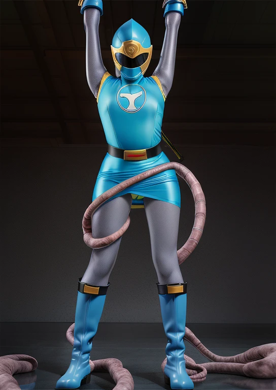 (best quality, masterpiece, RAW photo,ultra-detailed:1.2), 1girl, solo, looking at viewer, ((Hurricane Blue outfit, belt, gloves, helmet, blue spandex vest, blue boots, blue skirt, gray leggings, white gloves)), very large massive breasts, (((spread legs:1.1))),  ((tentacles:1)), tentacle on crotch, nsfw, raised arms, tentacles wrap around body, dark room, eerie light, close up, industrial background, upper half body, creampie, wet