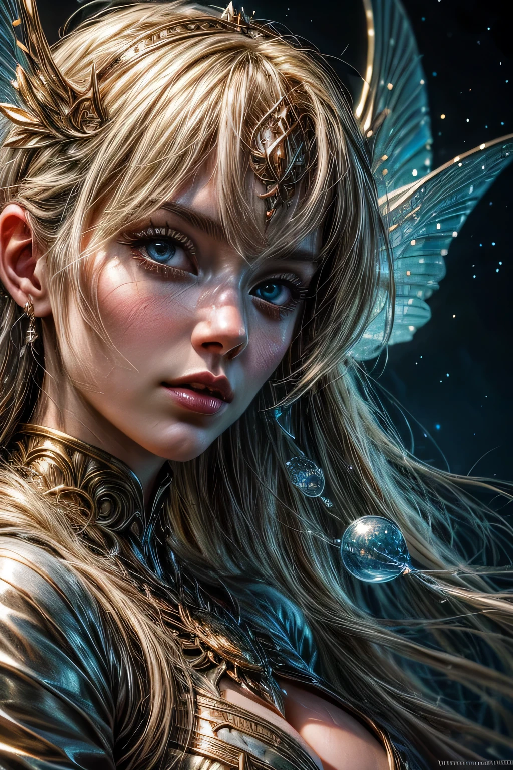 Painting of a woman in a dress blowing bubbles, Barbaric and WLOP, airy bubbles, Moebius + Barbaric + WLOP, dreamy and detailed, intricate WLOP, Close-up fantasy using water magic, fairy tale artwork, Fairy tale drawings, In the style of Anna Dittmann, WLOP art, realistic fantasy paintings, Art Germ Julie Bell Beeple, (((close up of face)))、sexy