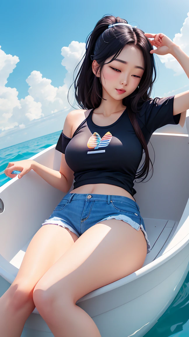 Nhez V Nims Super realistic, close-up, right in the center, balanced from left to right, a small boat floats in the middle of the blue water, stirring up ripples. A beautiful Asian woman long black hair with ponytail,wearing black oversized t-shirt Adidas, denim shorts, looked up at the sky and lay in the boat, next to a sleeping white Persian cat..3D photo realistic clean and clear