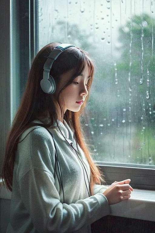 Draw a girl listening to music with headphones on a rainy day。The girl stands at the window、Please make it possible to see the raindrops hitting the window。Her expression is relaxed、Make sure you convey that you are focused on the music。The background depicts a cloudy sky and rainy scenery.、Please convey the quiet atmosphere of a rainy day。