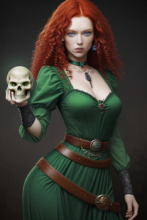Woman with curly red hair blue eyes green medieval dress with belt with a green quartz buckle choker with gems holding a quartz skull medieval background of skulls 