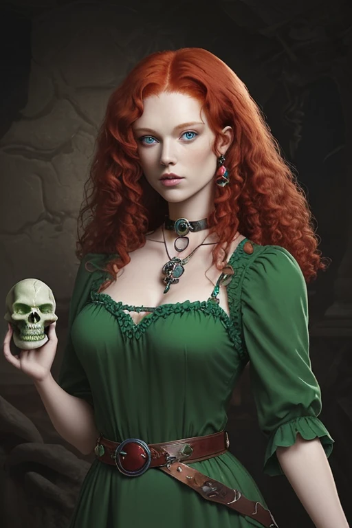 Woman with curly red hair blue eyes green medieval dress with belt with a green quartz buckle choker with gems holding a quartz skull medieval background of skulls 