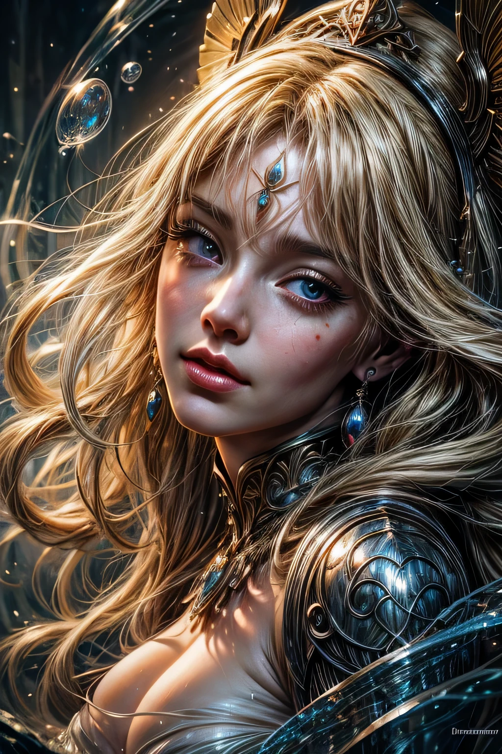 Painting of a woman in a dress blowing bubbles, Barbaric and WLOP, airy bubbles, Moebius + Barbaric + WLOP, dreamy and detailed, intricate WLOP, Close-up fantasy using water magic, fairy tale artwork, Fairy tale drawings, In the style of Anna Dittmann, WLOP art, realistic fantasy paintings, Art Germ Julie Bell Beeple, (((close up of face)))、sexy