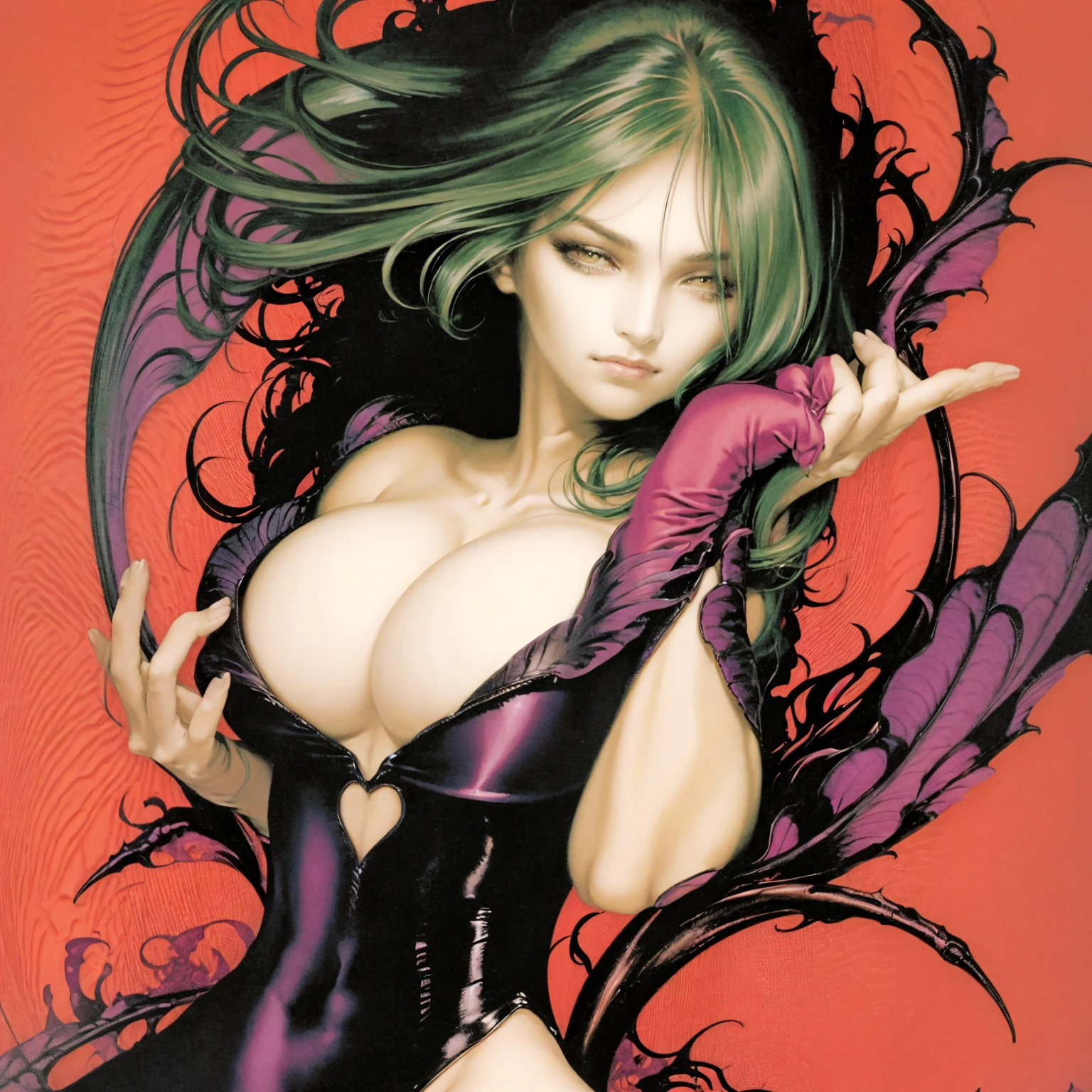 Morrigan Aensland, green hair, beautiful, sexy, big breasts, bursting breasts, kojima ayami style, Ayami Kojima art style, Vain, Confident, Conceited, Playful, Beautiful, Sexy, Friendly, and Approachable, She appears as a beautiful woman with straight long hair, varying from lighter or darker shades of green, and bat-like wings on her back and the sides of her head. Her hair is a hime cut, The outside of her wings are black and the inside of her wings are either purple or hot pink mixed with purple. For her outfit, it consists of a black leotard with feathers that mostly reveals her cleavage, purple or magenta/hot pink bat-patterned tights, rose colored fingerless gloves and black heeled boots, Beautiful, sexy, confident, conceited, and playful, Morrigan may be called many things given that she is a succubus,