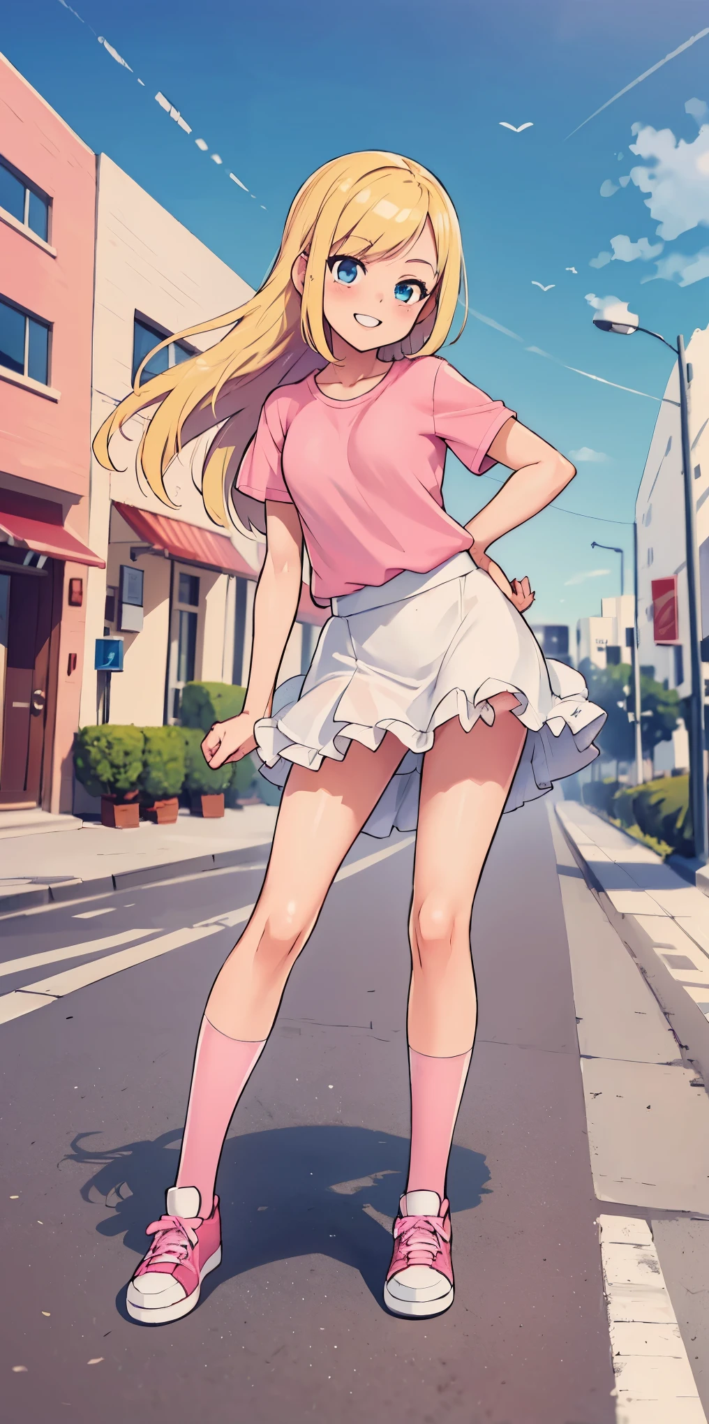beautiful, (masterpiece:1.2), (best quality:1.2), Beautiful -yeld wh girl with blue eyes, long swept-back straight blond hair, Happy), Pink and white frilly miniskirt, pink shirt, pink socks, white sneakers, California City background, daylight.