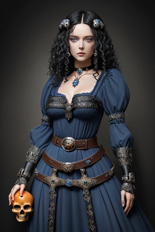 Woman with curly black hair blue eyes blue medieval dress with belt with an orange quartz buckle choker with gems holding a quartz skull medieval background of skulls 