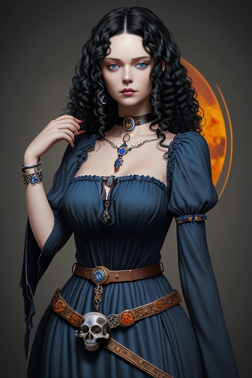 Woman with curly black hair blue eyes blue medieval dress with belt with an orange quartz buckle choker with gems holding a quartz skull medieval background of skulls
