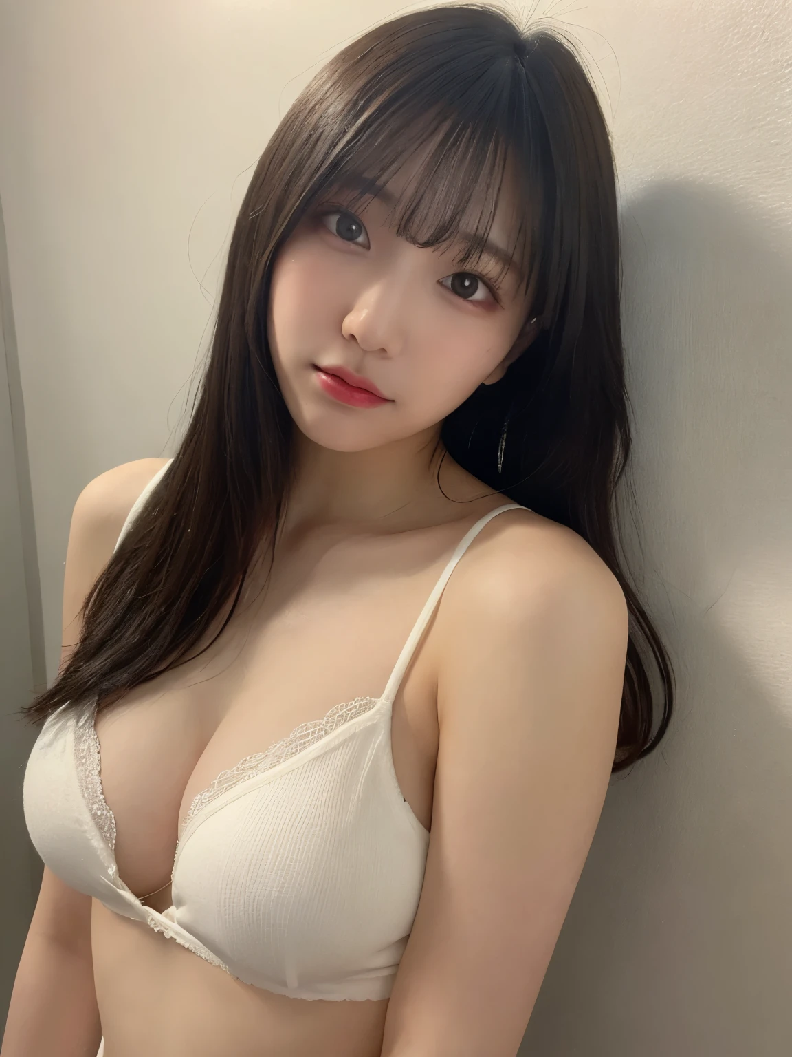 live-action、22 years old、The whole body is shown:1.2、muste piece, highest quality, super detailed, finely, High resolution, 8k wallpaper, perfect dynamic composition, i am a photographer, she is a model, detailed and beautiful eyes,I can see the nipples:1.2、I can see your breasts, long hair, big breasts, natural color lip, random sexy poses, kiss face, Plain wall background, selfie,