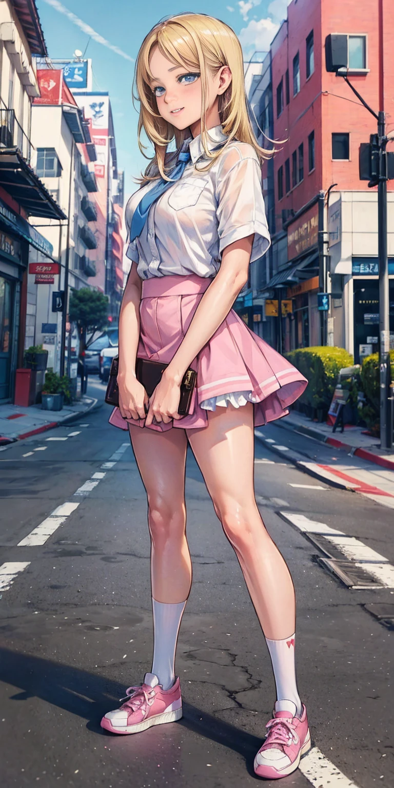 beautiful, (masterpiece:1.2), (best quality:1.2), Beautiful -yeld wh girl with blue eyes, long swept-back straight blond hair, Happy), Pink and white frilly miniskirt, pink shirt, pink socks, white sneakers, California City background, daylight.