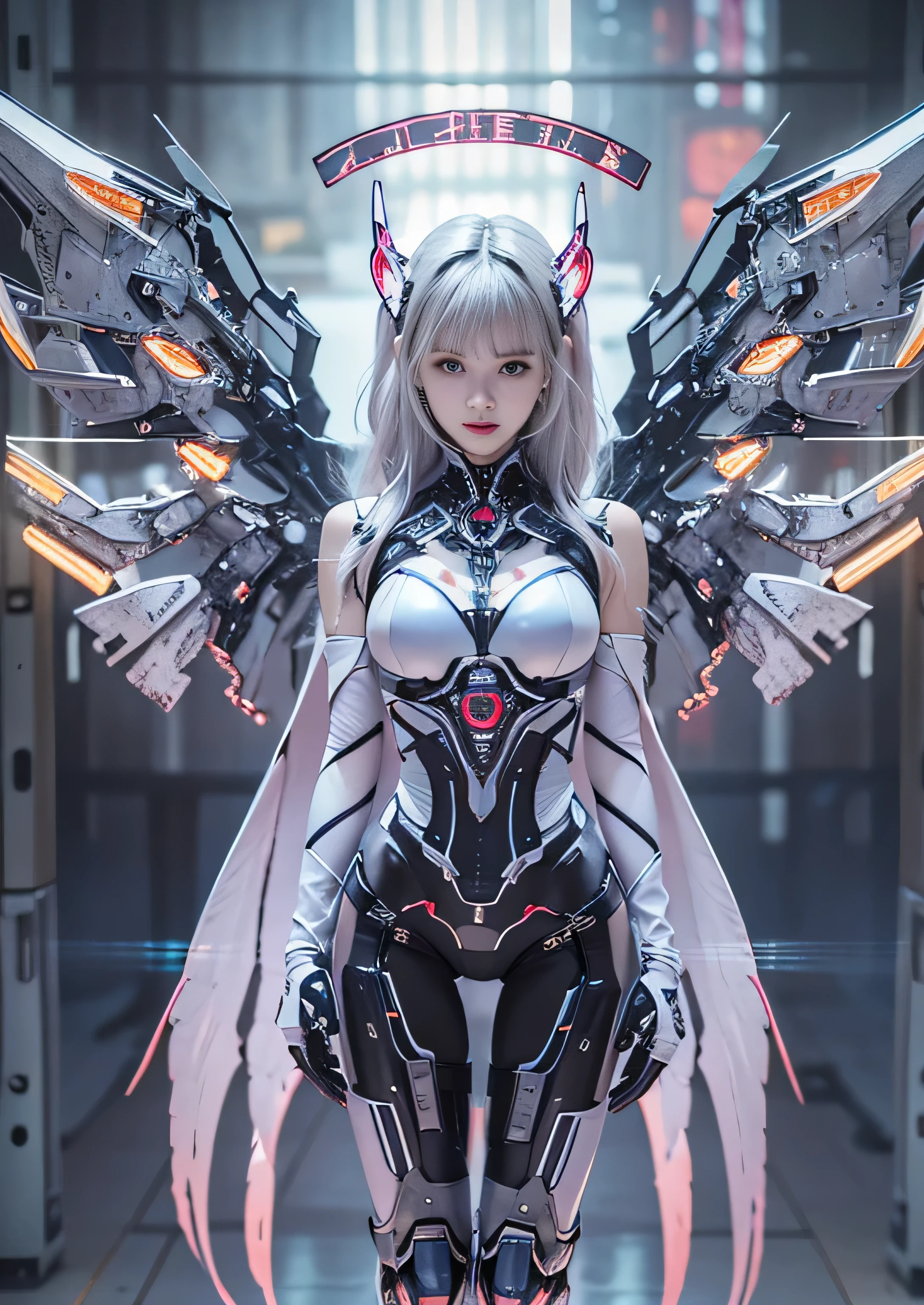 highest quality、master piece、超A high resolution、(Photoreal:1.4)、Raw photo、Combat Robot Angel、Large metal wings、white porcelain body、Acrylic transparent cover、white hair、glowing skin、1 cyborg girl、((Ultra realistic details))、porate、global illumination、Black Shadow、octane rendering、8K、super sharp、character edge light,Huge 、Raw skin exposed in the crotch area、intricate decorative details、Gothic ta details、hydraulic cylinder、Small LED Light、very intricate details、realistic light、purple eyes、shining eyes、towards the camera、neon light details、cowboy shot、futuristic headgear、About the Floor Plan《cyberpunk characters》、、