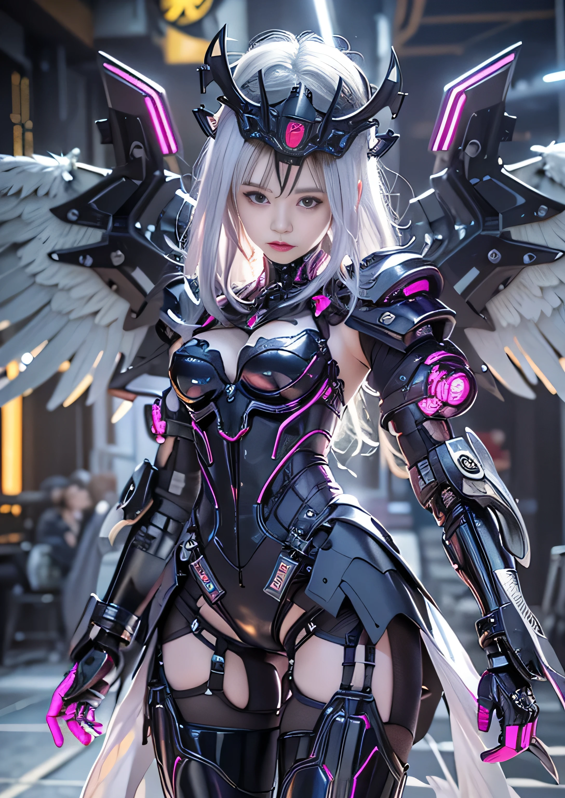 highest quality、master piece、超A high resolution、(Photoreal:1.4)、Raw photo、Combat Robot Angel、Large metal wings、white porcelain body、Acrylic transparent cover、white hair、glowing skin、1 cyborg girl、((Ultra realistic details))、porate、global illumination、Black Shadow、octane rendering、8K、super sharp、character edge light,Huge 、Raw skin exposed in the crotch area、intricate decorative details、Gothic ta details、hydraulic cylinder、Small LED Light、very intricate details、realistic light、purple eyes、shining eyes、towards the camera、neon light details、cowboy shot、futuristic headgear、About the Floor Plan《cyberpunk characters》、、