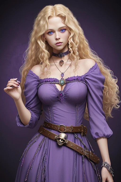 Woman with curly blonde hair blue eyes medieval pink dress with belt with a purple quartz buckle choker with gems holding a quartz skull medieval background of skulls