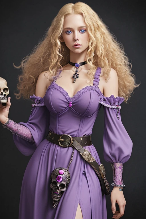 Woman with curly blonde hair blue eyes medieval pink dress with belt with a purple quartz buckle choker with gems holding a quartz skull medieval background of skulls