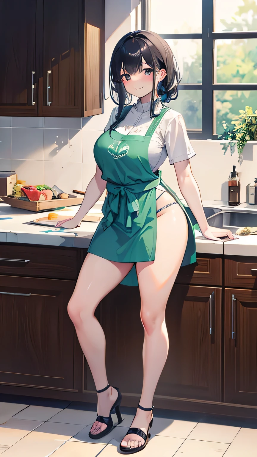 Obra maestra 8k Resolution, , full body A confident, curvy woman with a captivating smile, cintura bien definida, manos naturales y detallas, culata, vista trasera, en una encantadora escena de cocina, where she exudes the role of a skilled and stylish housewife, wearing a beautifully designed apron, Preparando perfectamente una deliciosa cena para impresionar a todos.