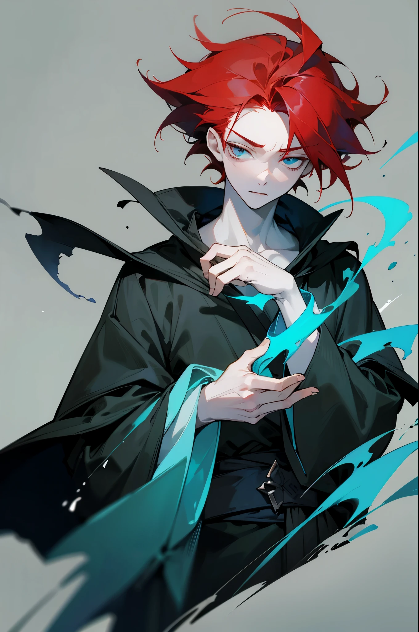 a masterpiece of, 1boy, red hair, combed hair back, pale skin,Cyan eyes, melancholic, goods maga, Dark Robe, Middle Ages, Simple background, sorcerer, The Dark Mage, upper body, dark skies