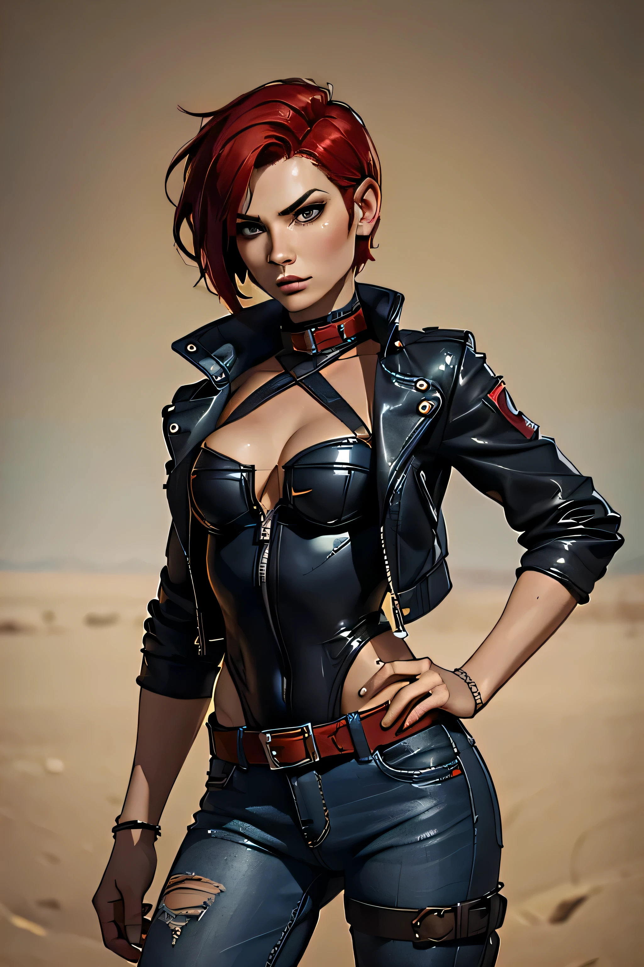 woman with short red pixie undercut hairstyle, desert ranger, lilith from borderlands style clothing, (black leather bolero jacket), (red leotard under jacket), tight blue jeans,  detailed comics style portrait