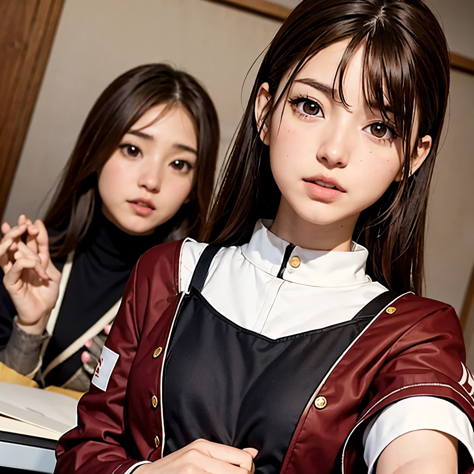 Create a Boku no hero anime style character with brown eyes, brown hair below the shoulders, miel morena clara, con poderte la bruja escarlata con el uniforme de la UA, estilo horikoshi